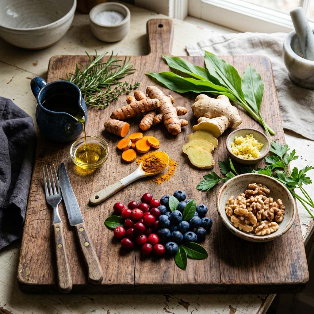 Anti-inflammatory ingredients on a cutting board - turmeric, ginger, berries, walnuts, olive oil