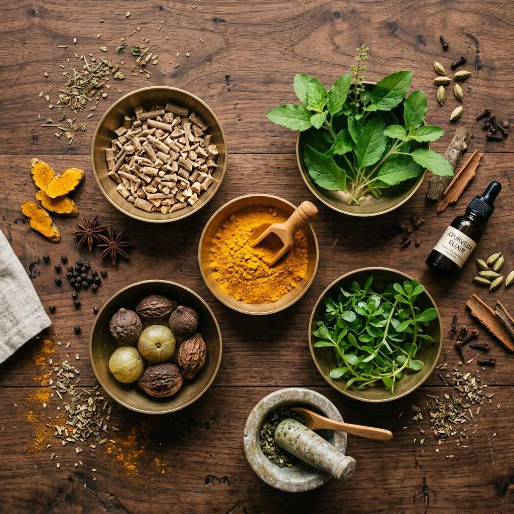 Ayurvedic herbs in brass bowls on dark wood - ashwagandha, tulsi, turmeric, triphala, brahmi