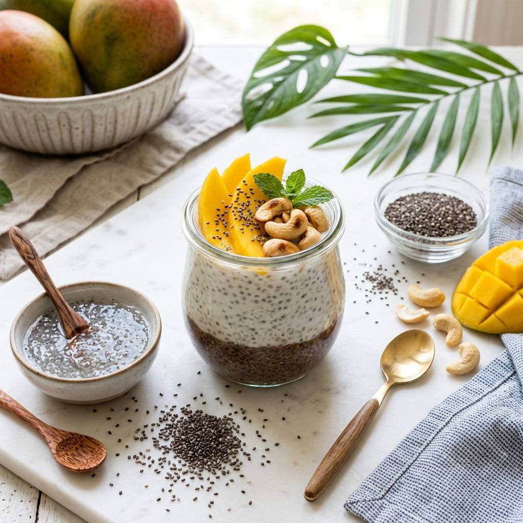 Layered chia pudding with coconut milk, mango slices, and dry chia seeds