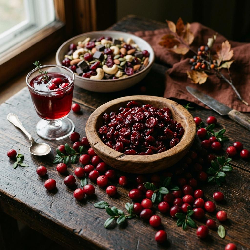 Dried and fresh cranberries in wooden bowls with cranberry juice and trail mix