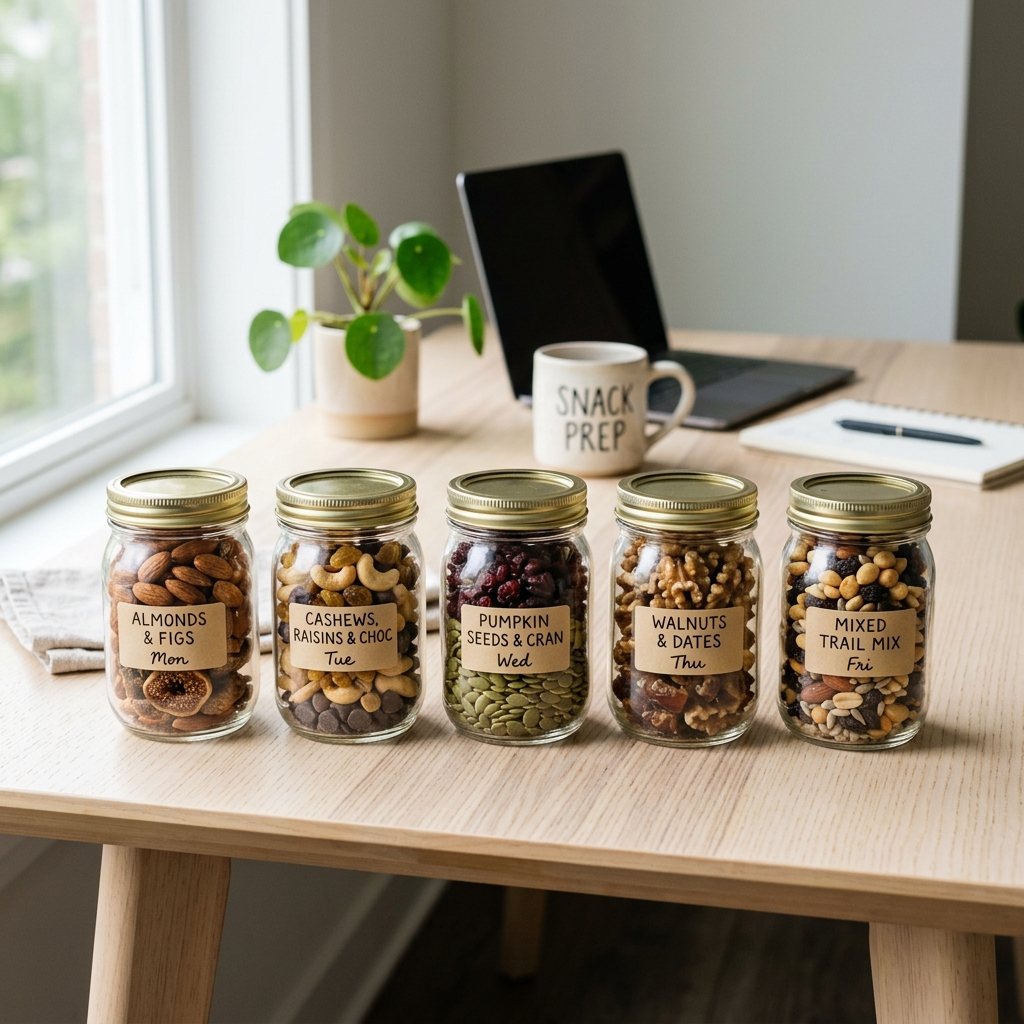 Five weekly snack prep mason jars filled with nuts, seeds, dried fruits, and trail mix