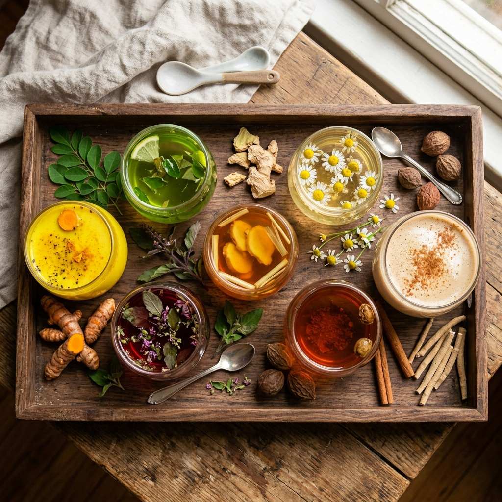 Seven different herbal tea blends in glass cups arranged on a wooden tray