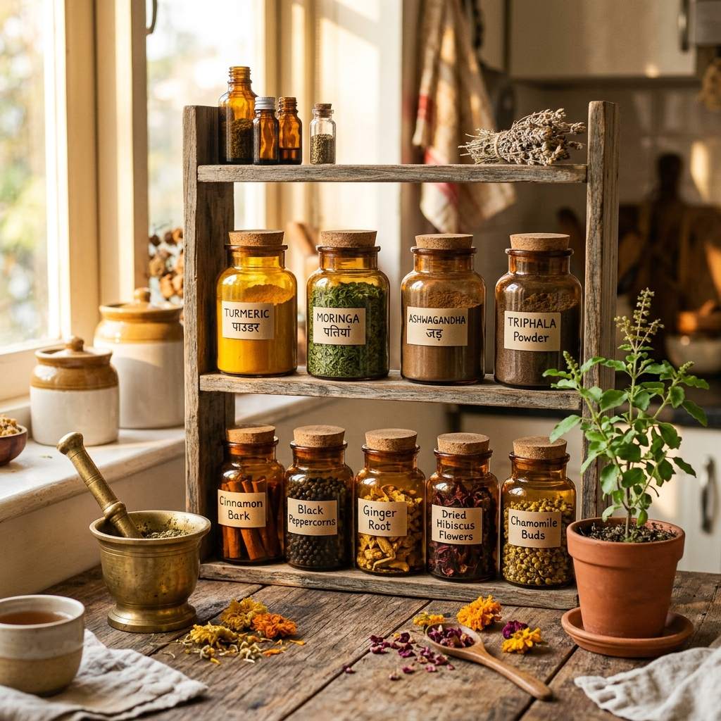 Glass jars of labeled herbs and spices on rustic wooden apothecary shelves
