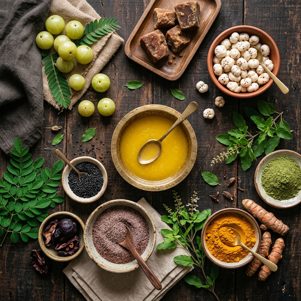 Traditional Indian superfoods arranged on a dark wooden surface — amla, jaggery, makhana, ragi, black sesame, tulsi, turmeric, moringa, and ghee