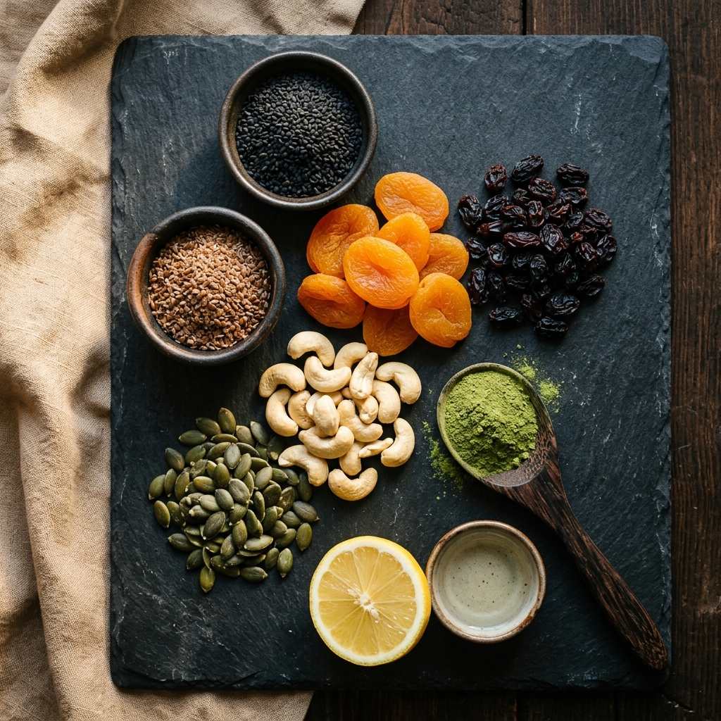 Iron-rich plant foods - pumpkin seeds, black sesame, dried apricots, cashews, moringa powder with lemon