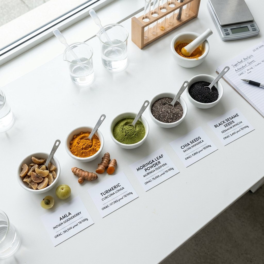 Superfoods arranged with ORAC score cards - amla, turmeric, moringa, chia seeds, black sesame