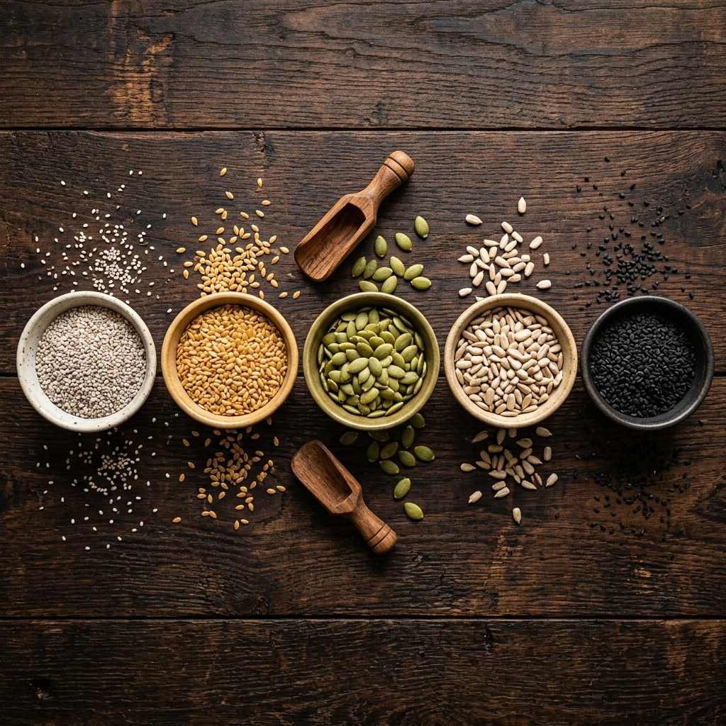 Superfood seeds in ceramic bowls - chia, flax, pumpkin, sunflower, and sesame on dark wood