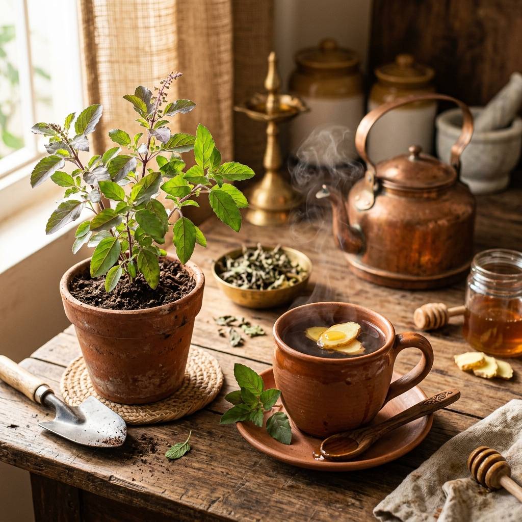 Fresh tulsi plant in a terracotta pot beside a clay cup of steaming tulsi tea